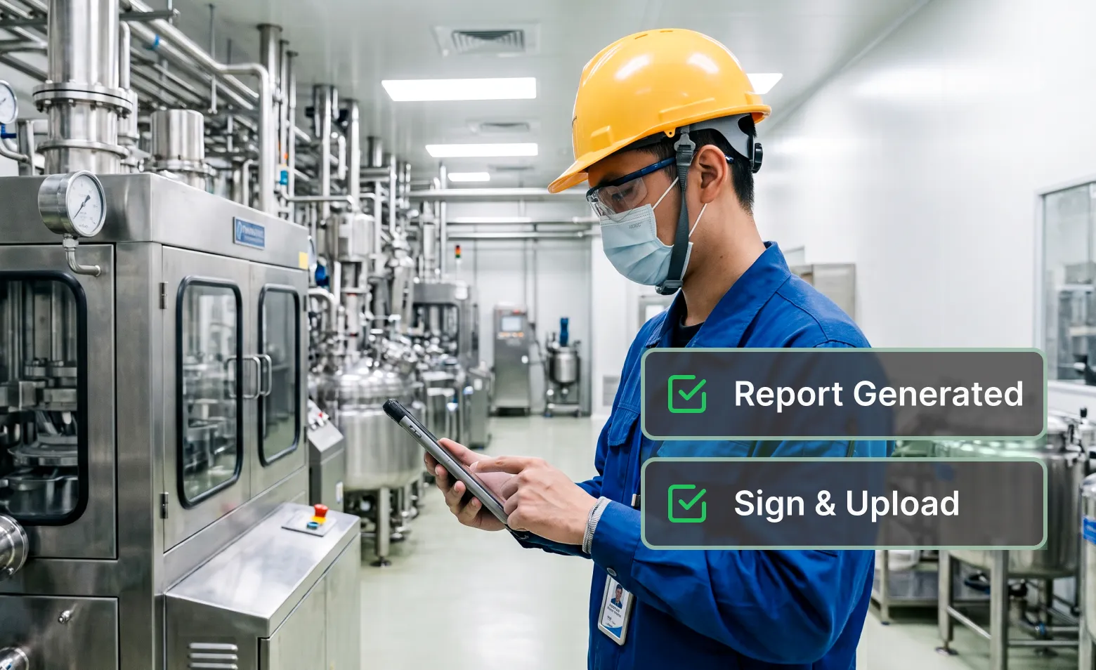 An inspector wearing a hard hat and a mask operates a tablet to browse a digital report in front of factory machinery.